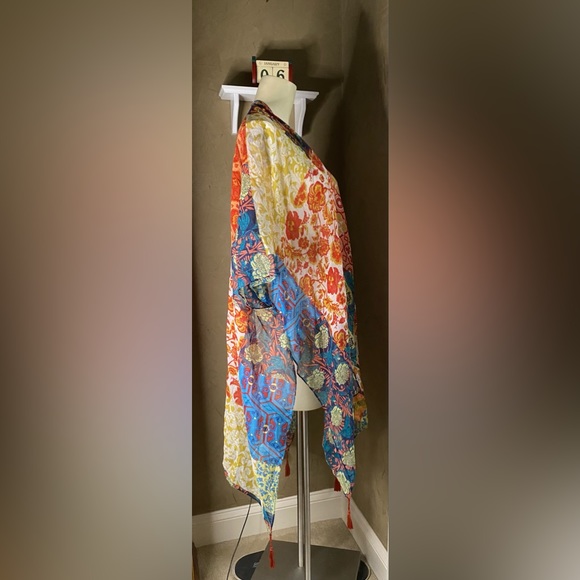 Paparazzi by Biz colorful semi- sheer Oversized poncho Swimsuit cover up tassels - Picture 3 of 7